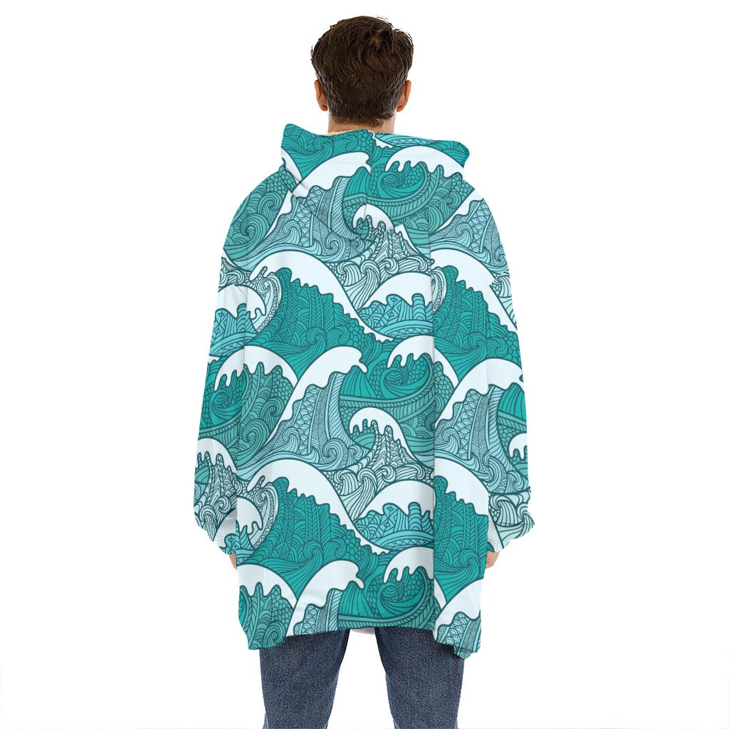 Surfing Wave Pattern Print Hoodie Blanket