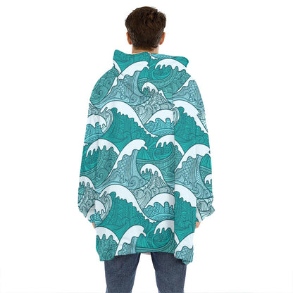 Surfing Wave Pattern Print Hoodie Blanket