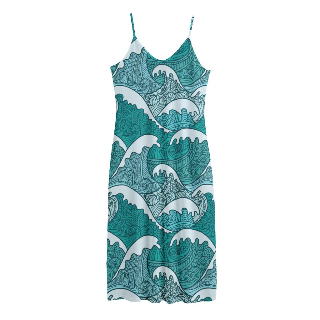 Surfing Wave Pattern Print Jersey Midi Cami Dress