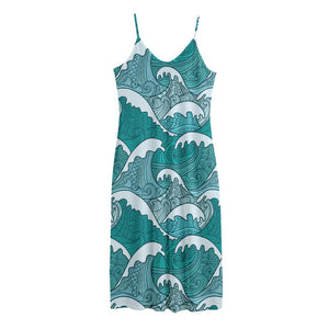 Surfing Wave Pattern Print Jersey Midi Cami Dress