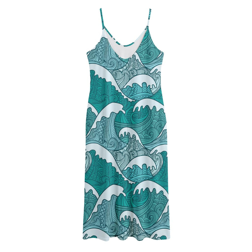 Surfing Wave Pattern Print Jersey Midi Cami Dress