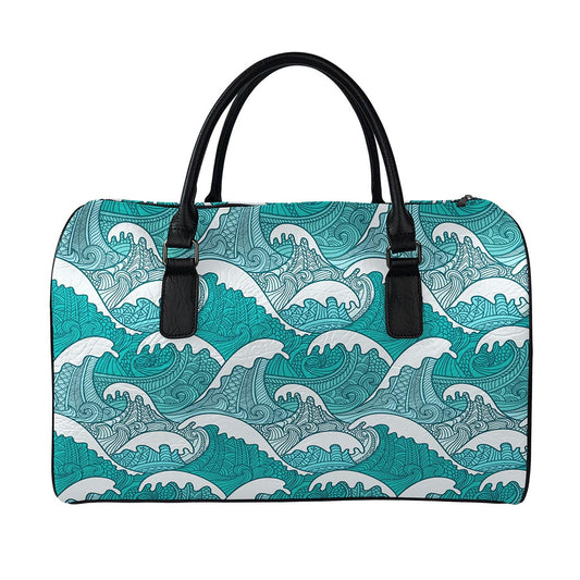 Surfing Wave Pattern Print Leather Duffle Bag