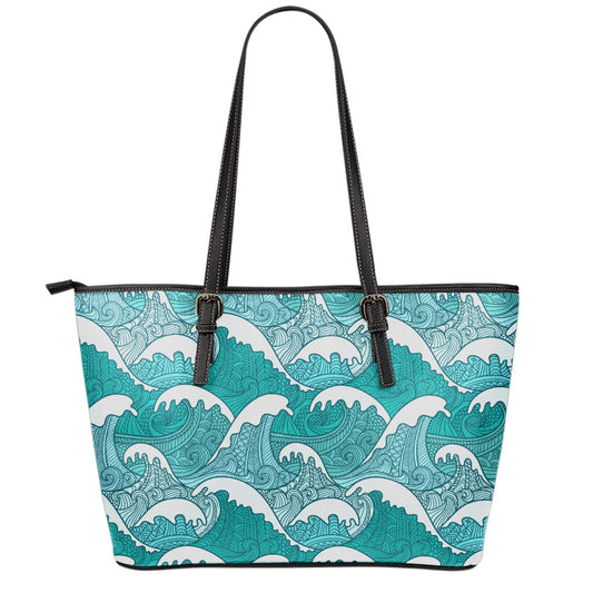 Surfing Wave Pattern Print Leather Tote Bag