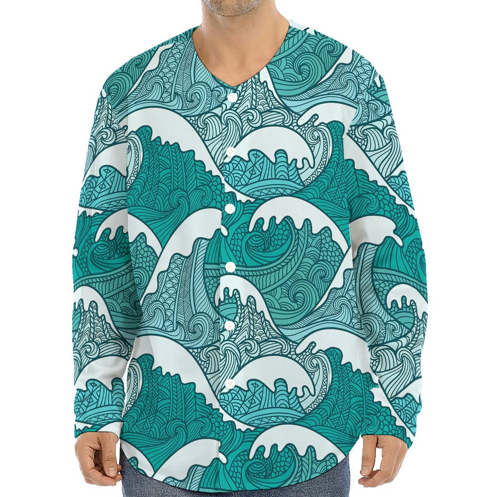 Surfing Wave Pattern Print Long Sleeve Baseball Jersey