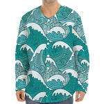 Surfing Wave Pattern Print Long Sleeve Baseball Jersey