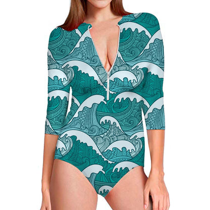 Surfing Wave Pattern Print Long Sleeve Swimsuit