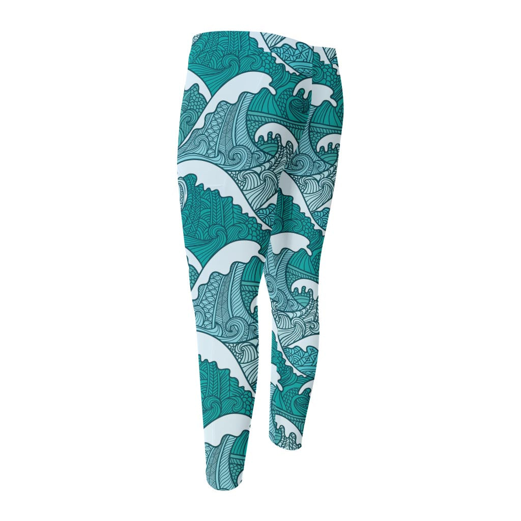 Surfing Wave Pattern Print Men's Compression Pants