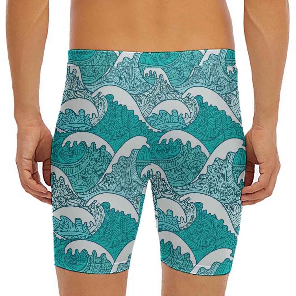 Surfing Wave Pattern Print Men's Long Boxer Briefs