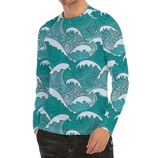 Surfing Wave Pattern Print Men's Long Sleeve Rash Guard