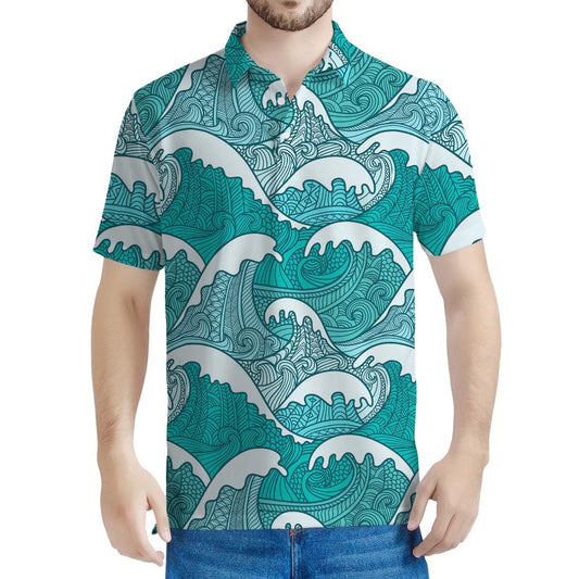 Surfing Wave Pattern Print Men's Polo Shirt