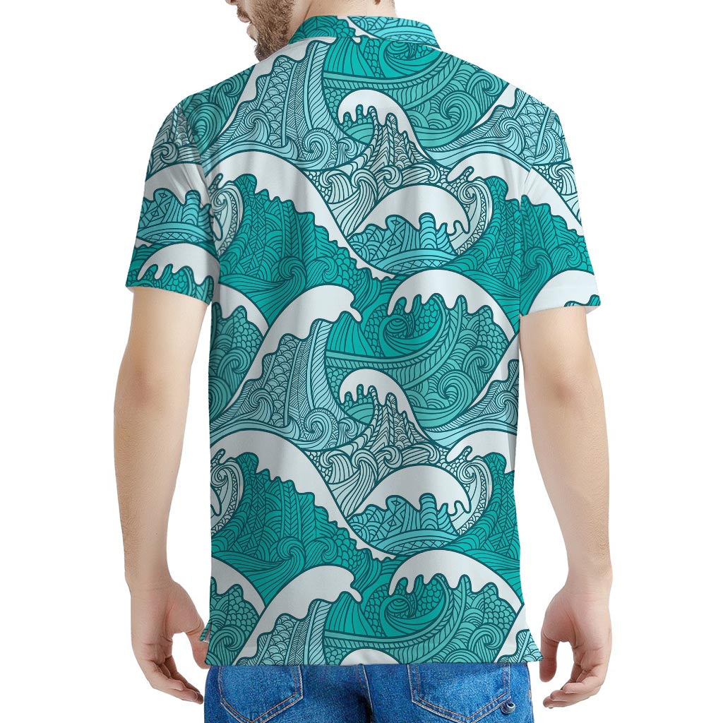 Surfing Wave Pattern Print Men's Polo Shirt