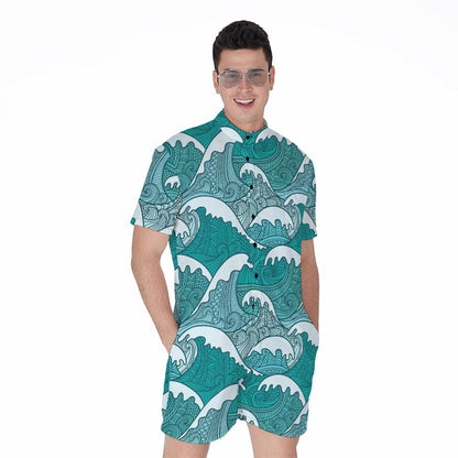 Surfing Wave Pattern Print Men's Rompers