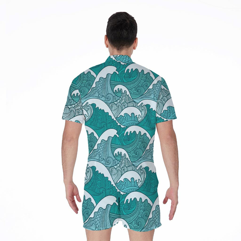 Surfing Wave Pattern Print Men's Rompers