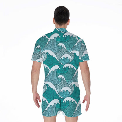 Surfing Wave Pattern Print Men's Rompers