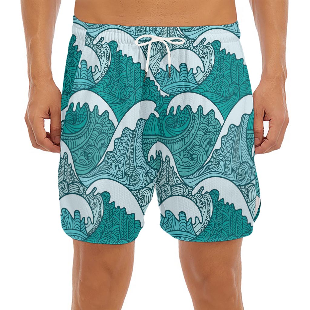 Surfing Wave Pattern Print Men's Split Running Shorts