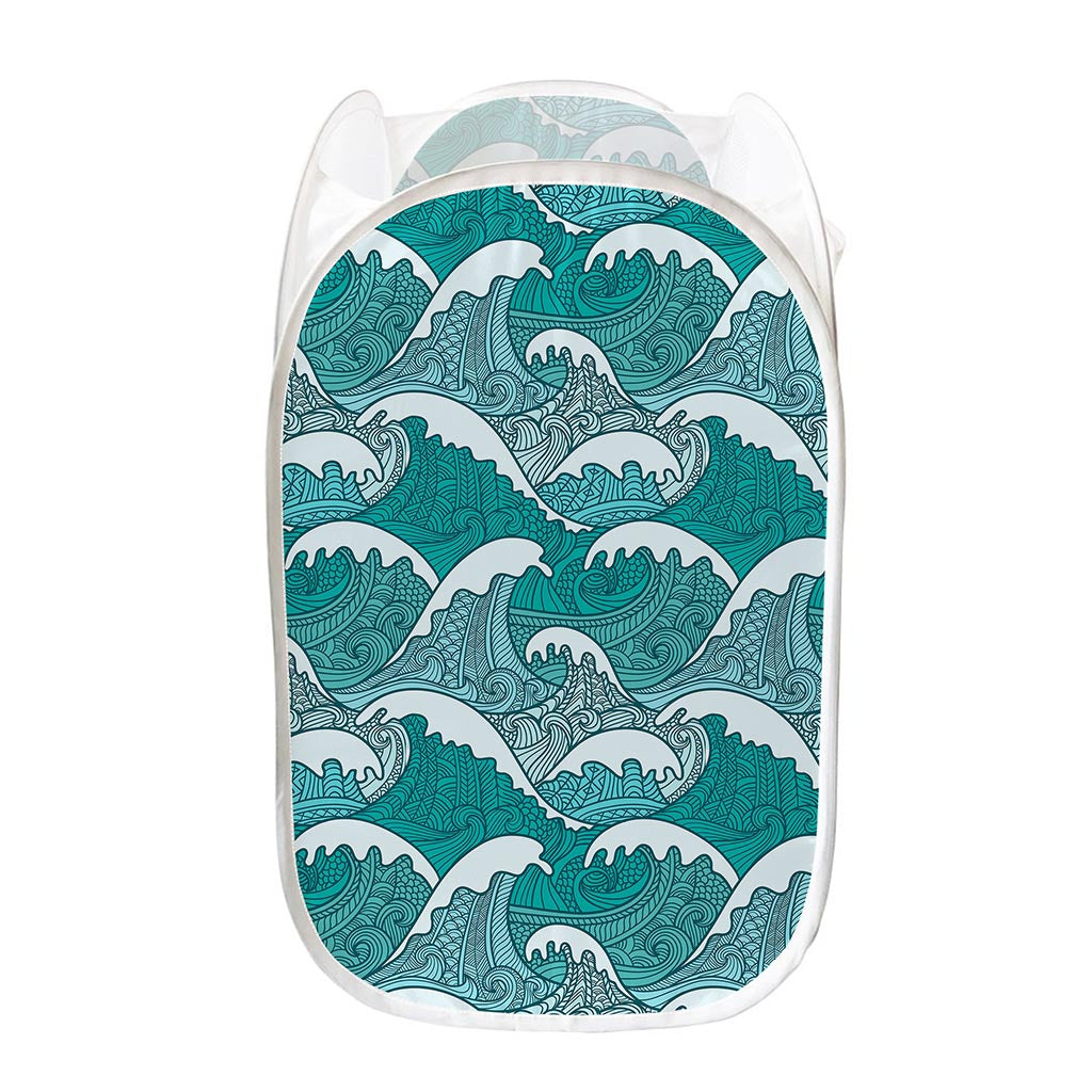 Surfing Wave Pattern Print Mesh Laundry Hamper