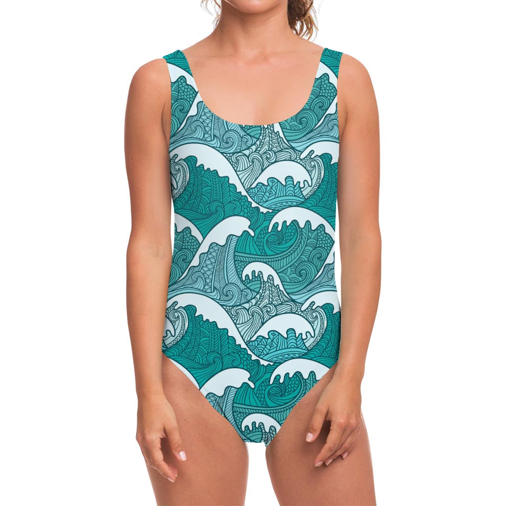 Surfing Wave Pattern Print One Piece Swimsuit