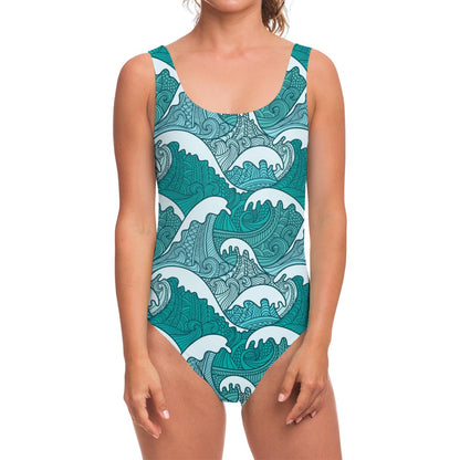 Surfing Wave Pattern Print One Piece Swimsuit
