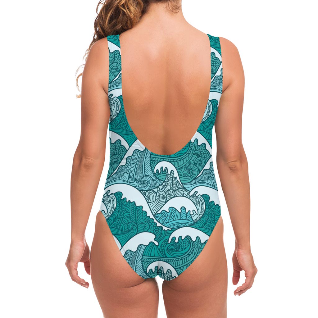 Surfing Wave Pattern Print One Piece Swimsuit