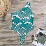 Surfing Wave Pattern Print One Shoulder Bodysuit