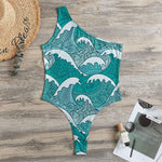 Surfing Wave Pattern Print One Shoulder Bodysuit