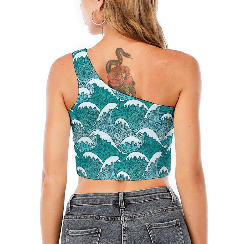 Surfing Wave Pattern Print One Shoulder Crop Top