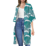 Surfing Wave Pattern Print Open Front Beach Cover Up