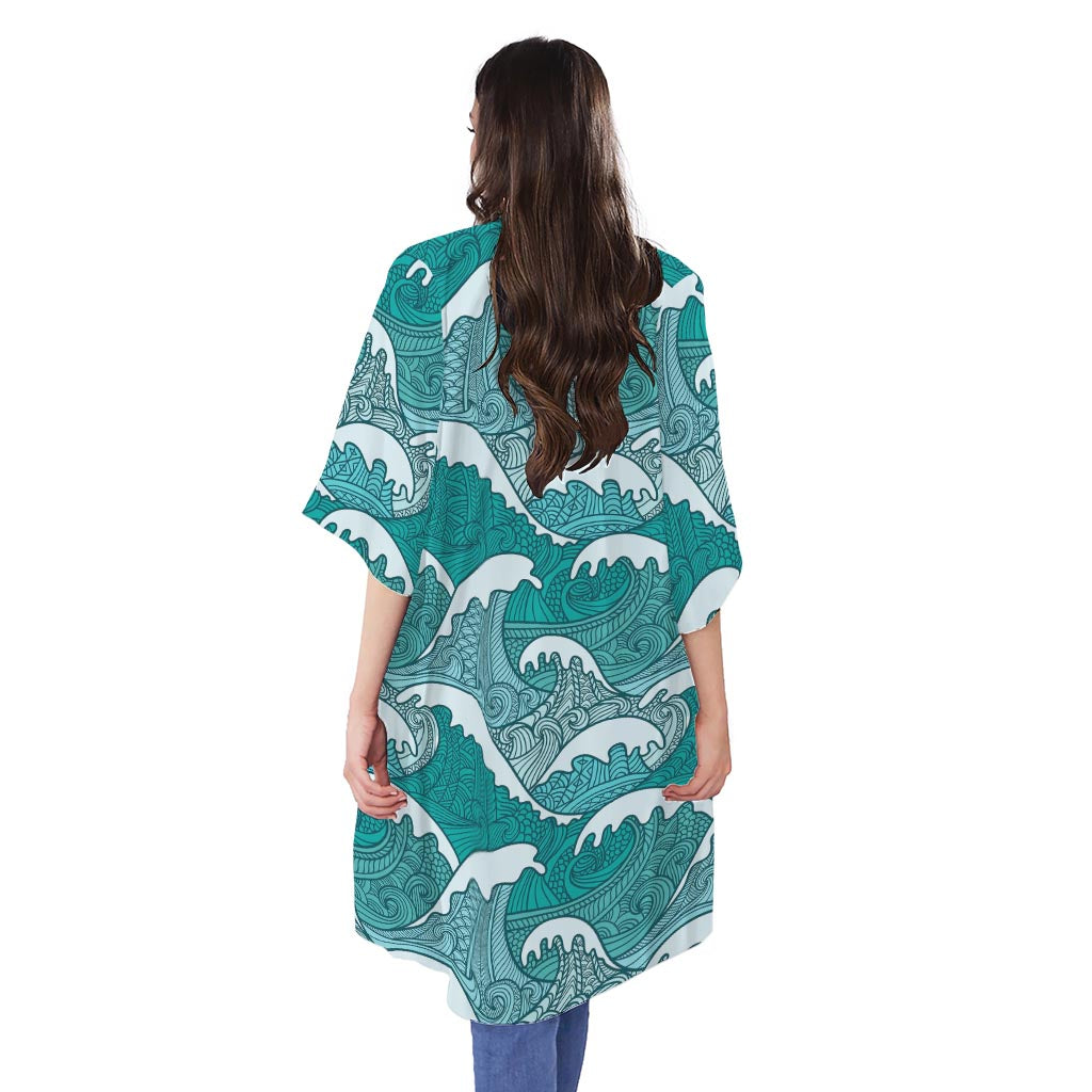 Surfing Wave Pattern Print Open Front Beach Cover Up