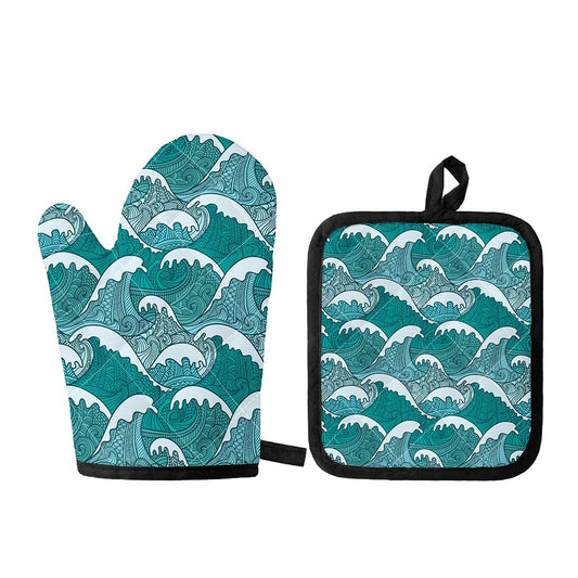 Surfing Wave Pattern Print Oven Mitt And Pot Holder Set