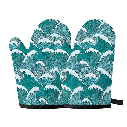 Surfing Wave Pattern Print Oven Mitts