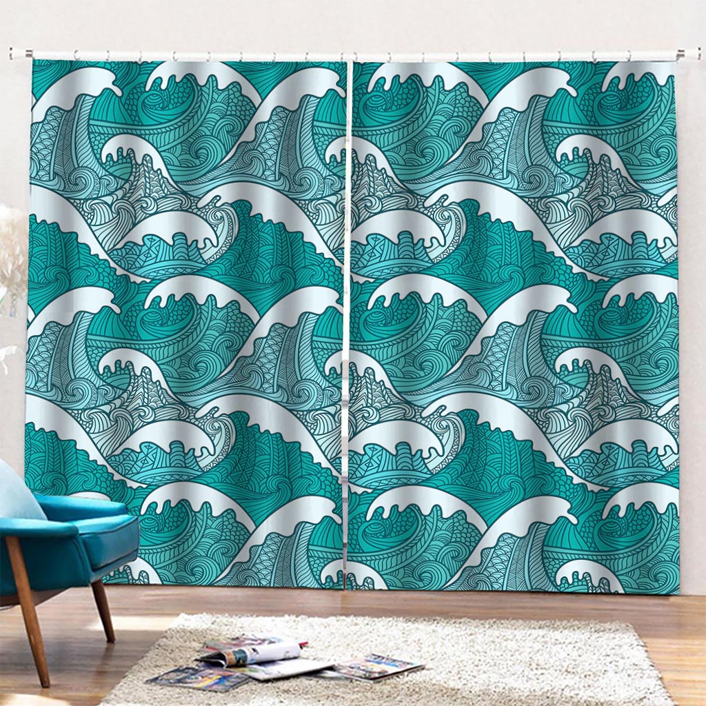 Surfing Wave Pattern Print Pencil Pleat Curtains