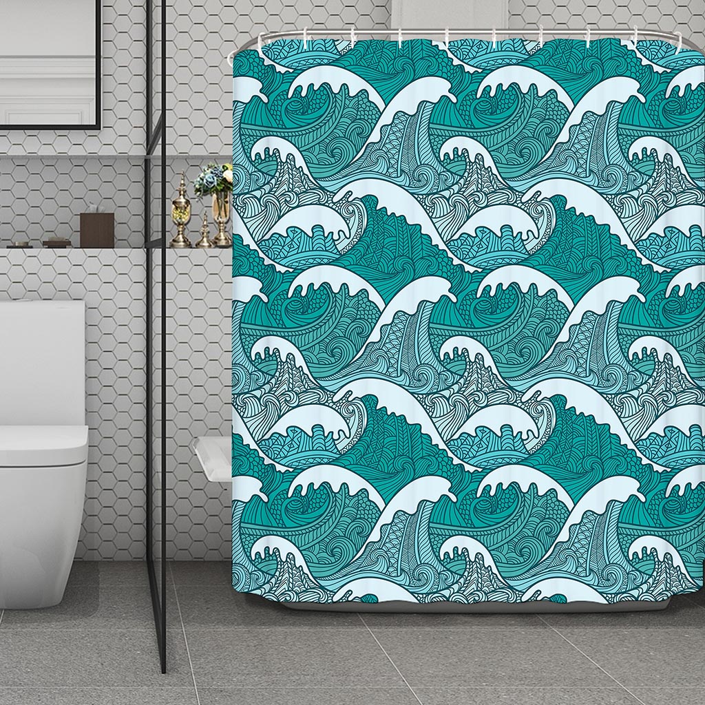 Surfing Wave Pattern Print Polyester Shower Curtain