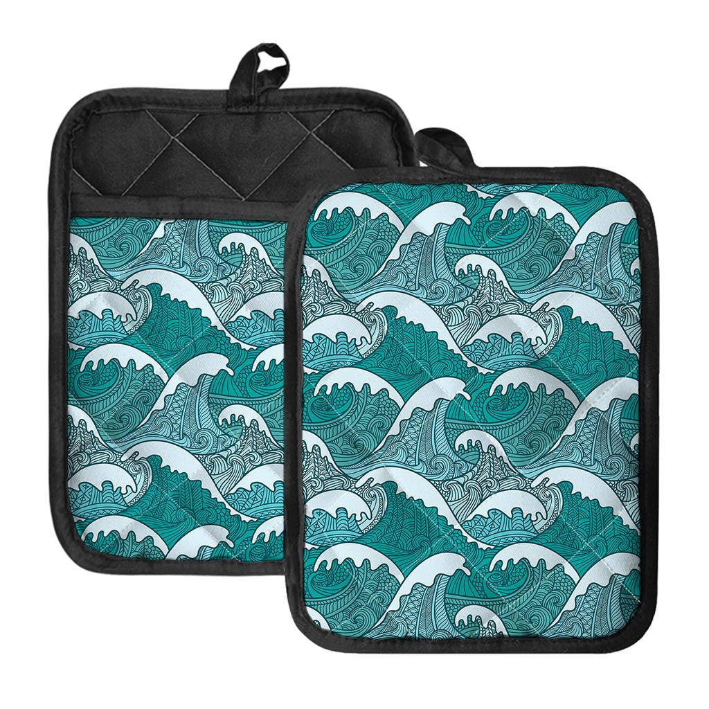 Surfing Wave Pattern Print Pot Holders With Pocket