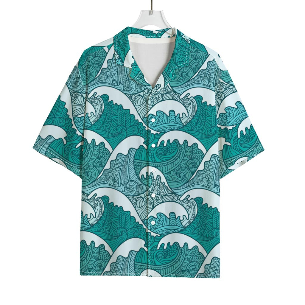 Surfing Wave Pattern Print Rayon Hawaiian Shirt