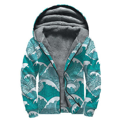 Surfing Wave Pattern Print Sherpa Lined Zip Up Hoodie