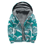 Surfing Wave Pattern Print Sherpa Lined Zip Up Hoodie