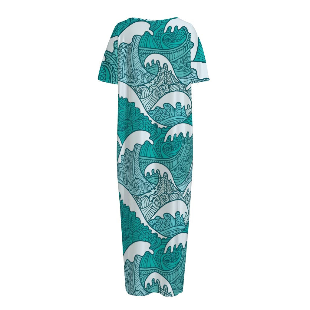 Surfing Wave Pattern Print Short Sleeve Long Nightdress