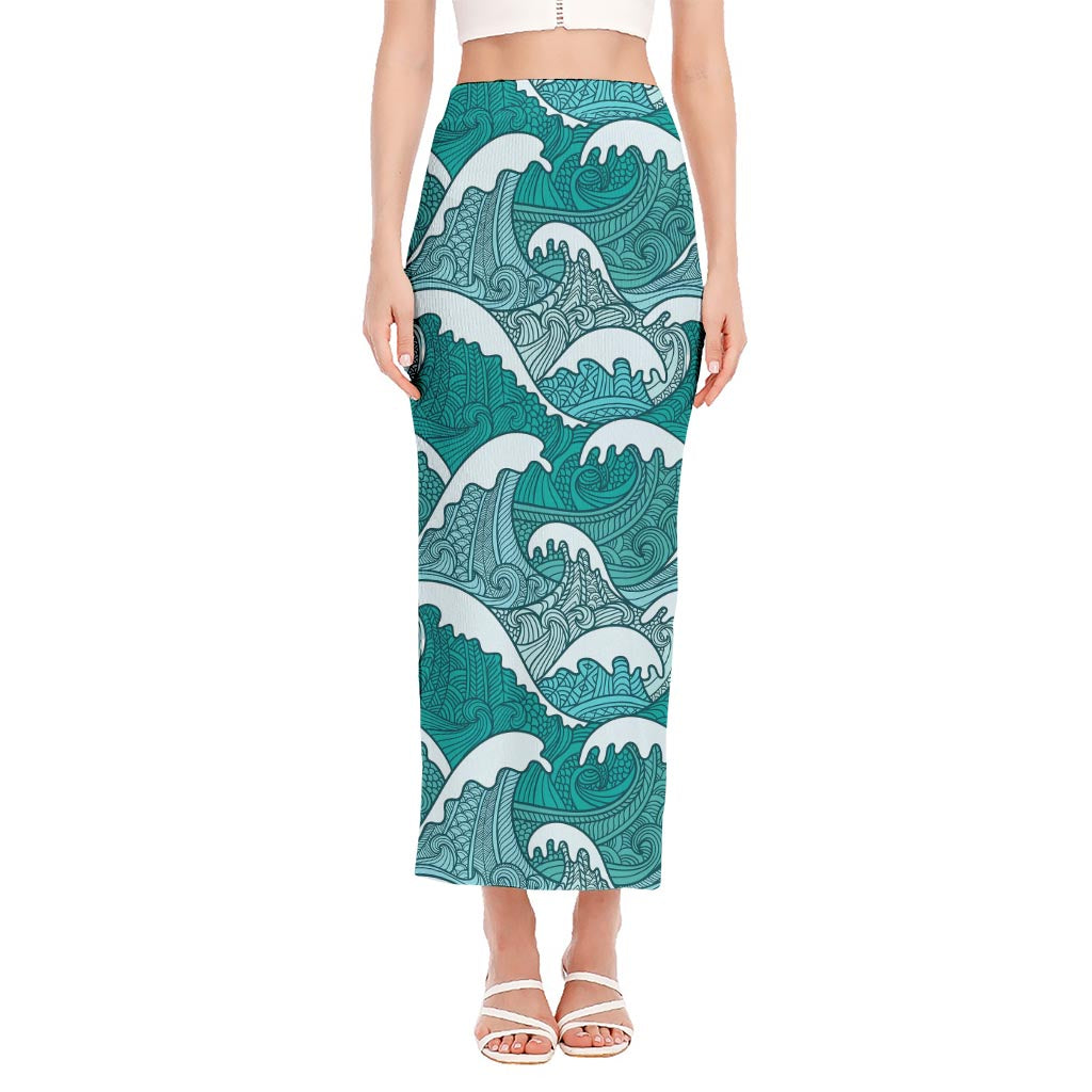 Surfing Wave Pattern Print Side Slit Maxi Skirt