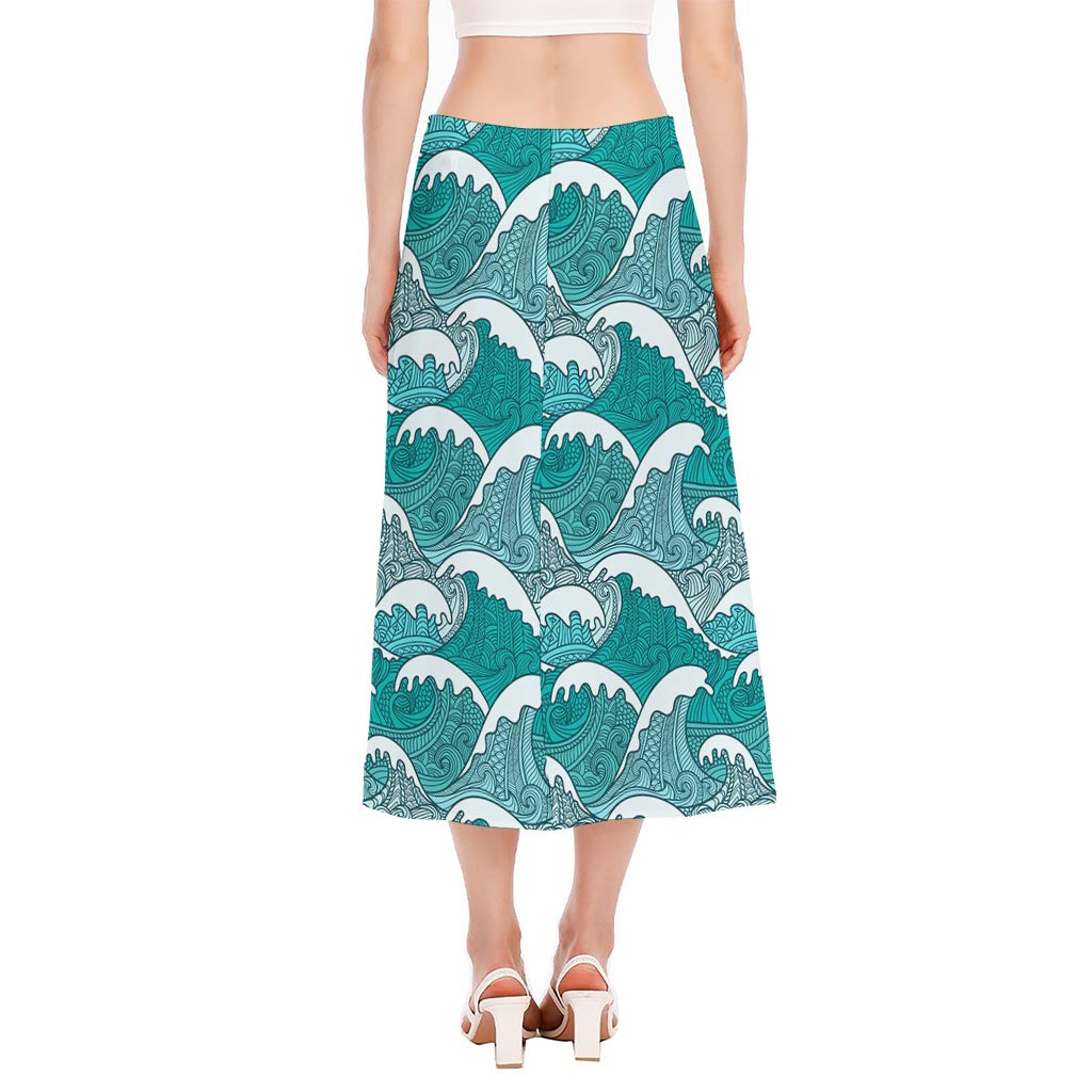 Surfing Wave Pattern Print Side Slit Midi Skirt