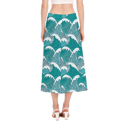 Surfing Wave Pattern Print Side Slit Midi Skirt