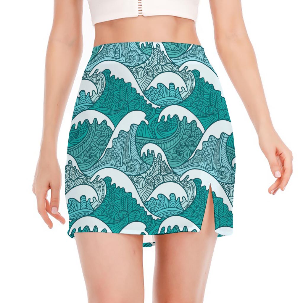 Surfing Wave Pattern Print Side Slit Mini Skirt