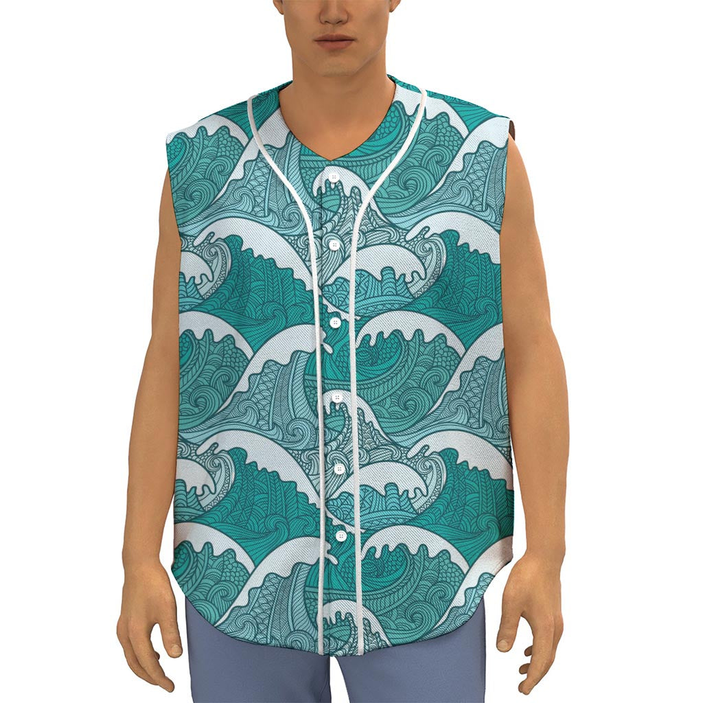 Surfing Wave Pattern Print Sleeveless Baseball Jersey