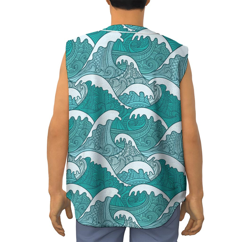 Surfing Wave Pattern Print Sleeveless Baseball Jersey