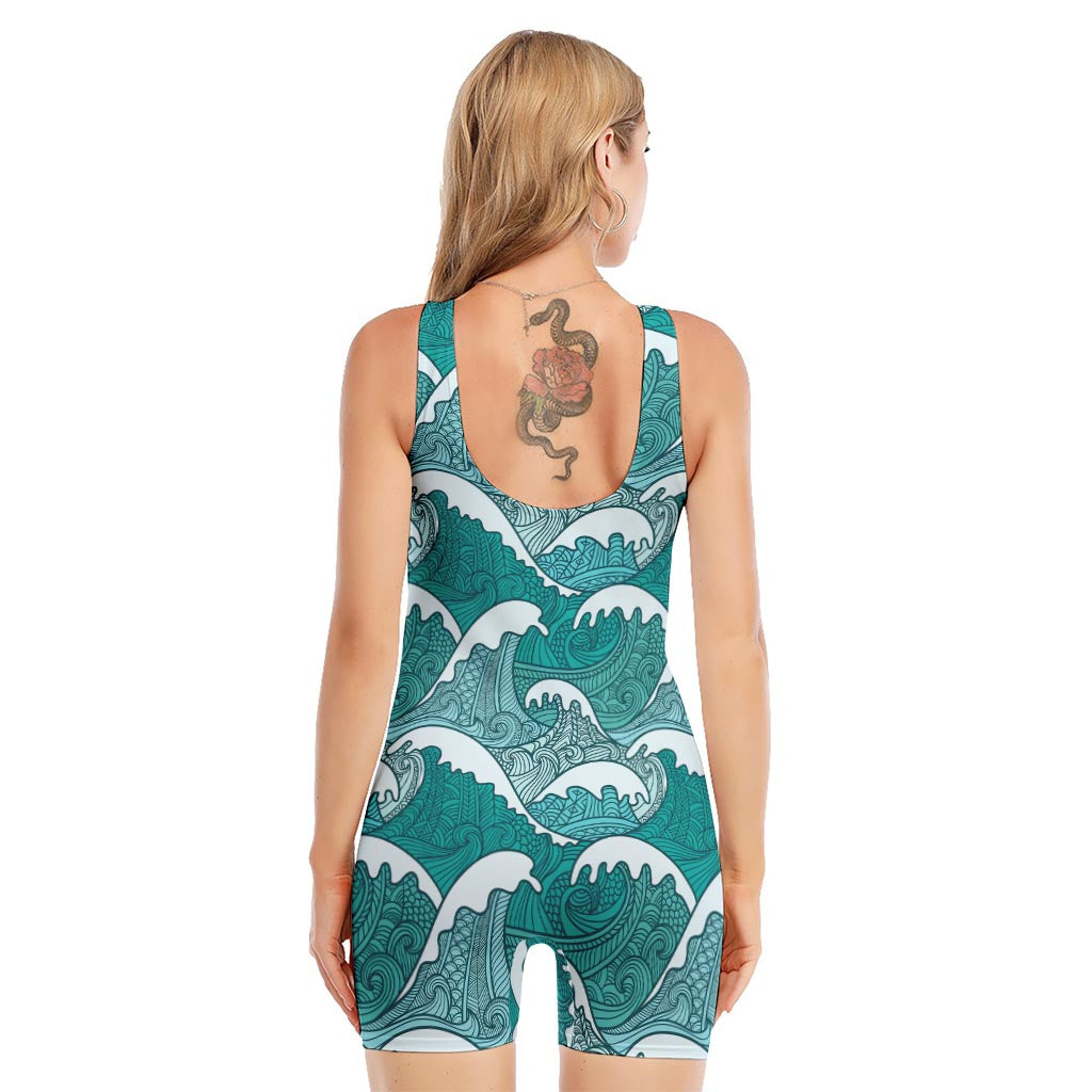 Surfing Wave Pattern Print Sleeveless One Piece Swimsuit