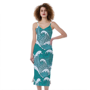 Surfing Wave Pattern Print Slim Fit Midi Cami Dress