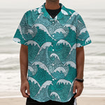 Surfing Wave Pattern Print Textured Short Sleeve Shirt