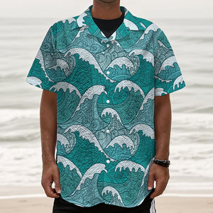 Surfing Wave Pattern Print Textured Short Sleeve Shirt