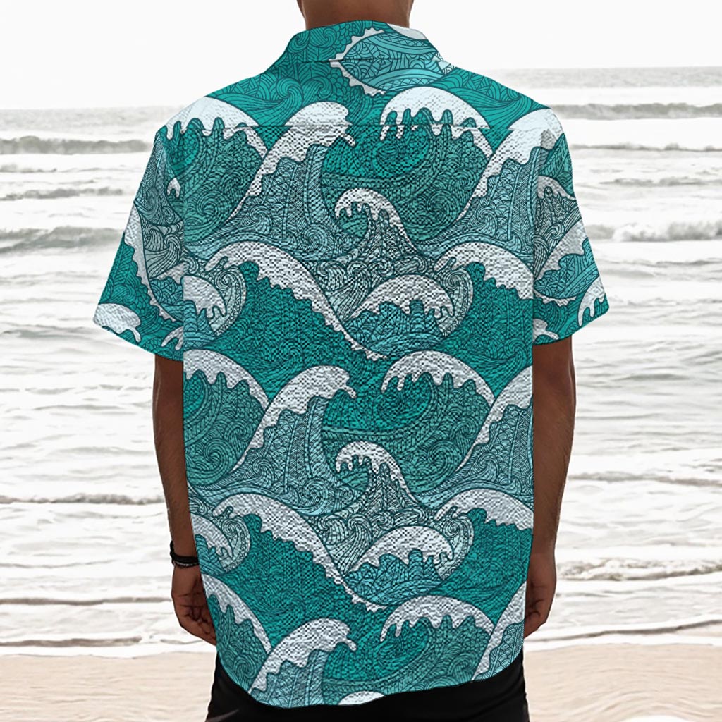 Surfing Wave Pattern Print Textured Short Sleeve Shirt