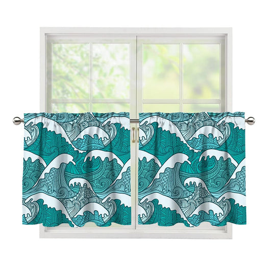 Surfing Wave Pattern Print Tier Curtains