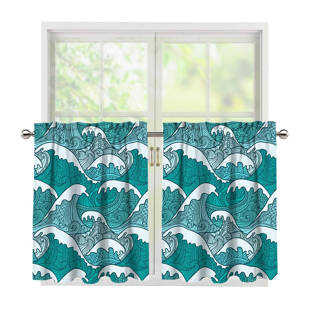 Surfing Wave Pattern Print Tier Curtains